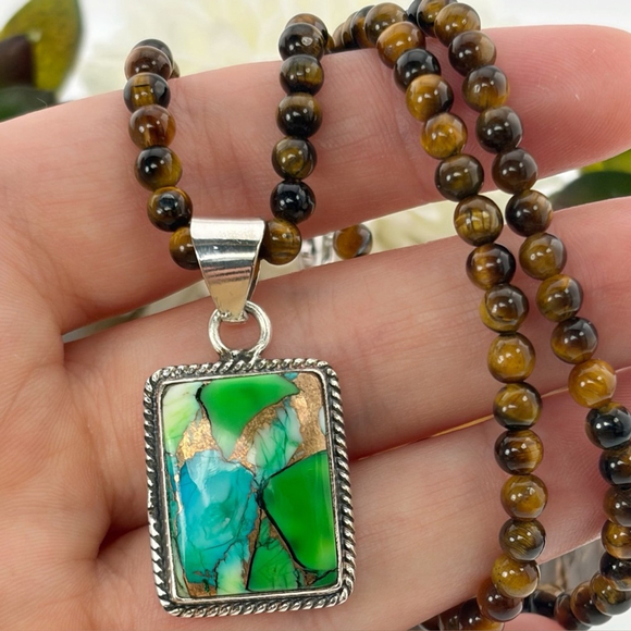 Southwest Jewelry - Peacock Dahlia Turquoise Pendant Necklace Boho Southwest Handmade New 925